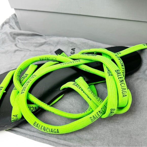 SZ 38 Balenciaga Lime Green Logo Tie Sandals - Picture 6 of 8
